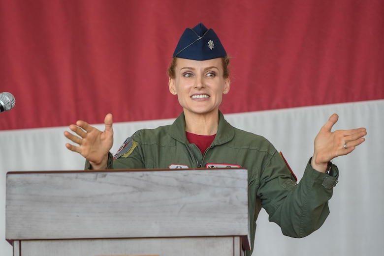 Lt. Col. Trena Savageau, incoming 69th Fighter Squadron commander, speaks during the 69 FS change of command ceremony Oct. 10.