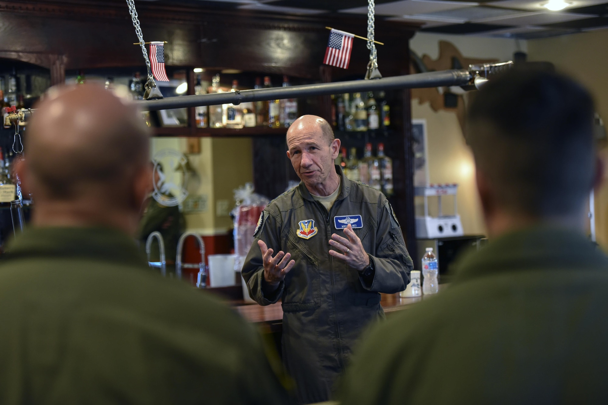 Gen. Mike Holmes, commander of Air Combat Command, talks to pilots from the 81st Fighter Squadron and 23d Fighter Group during a visit, Oct. 17, 2017, at Moody Air Force Base, Ga.