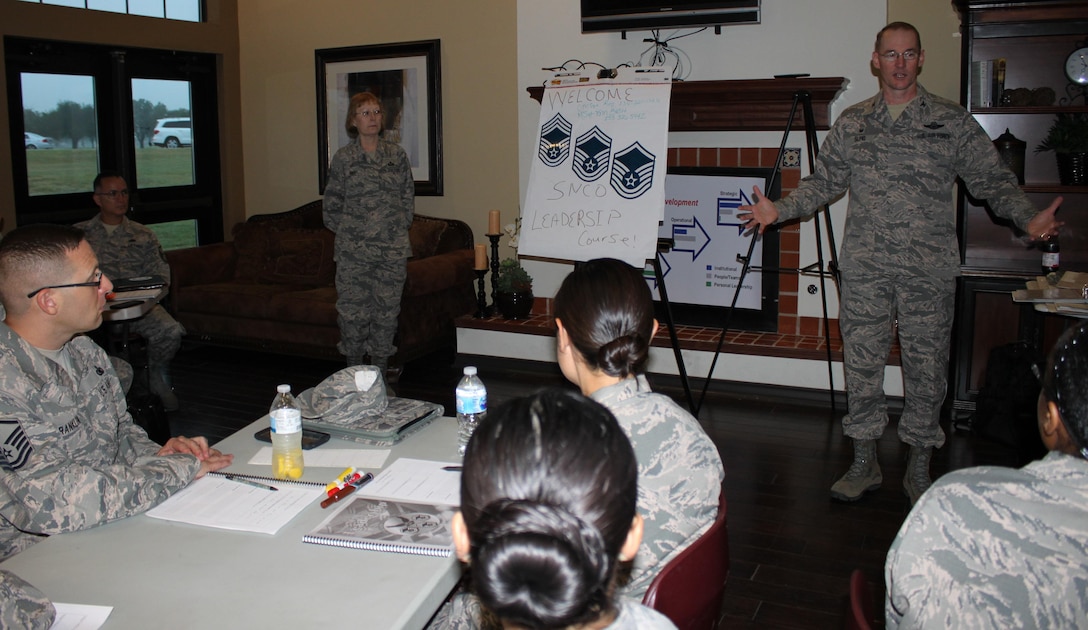 Col Roger Suro, 340th Flying Training Group, welcomes students attending the group-hosted Air Force Reserve Command Senior Noncommissioned Officer Leadership Course held at Joint Base San Antonio-Randolph Sept. 22-23. (U.S. Air Force photo/Debbie Gildea)