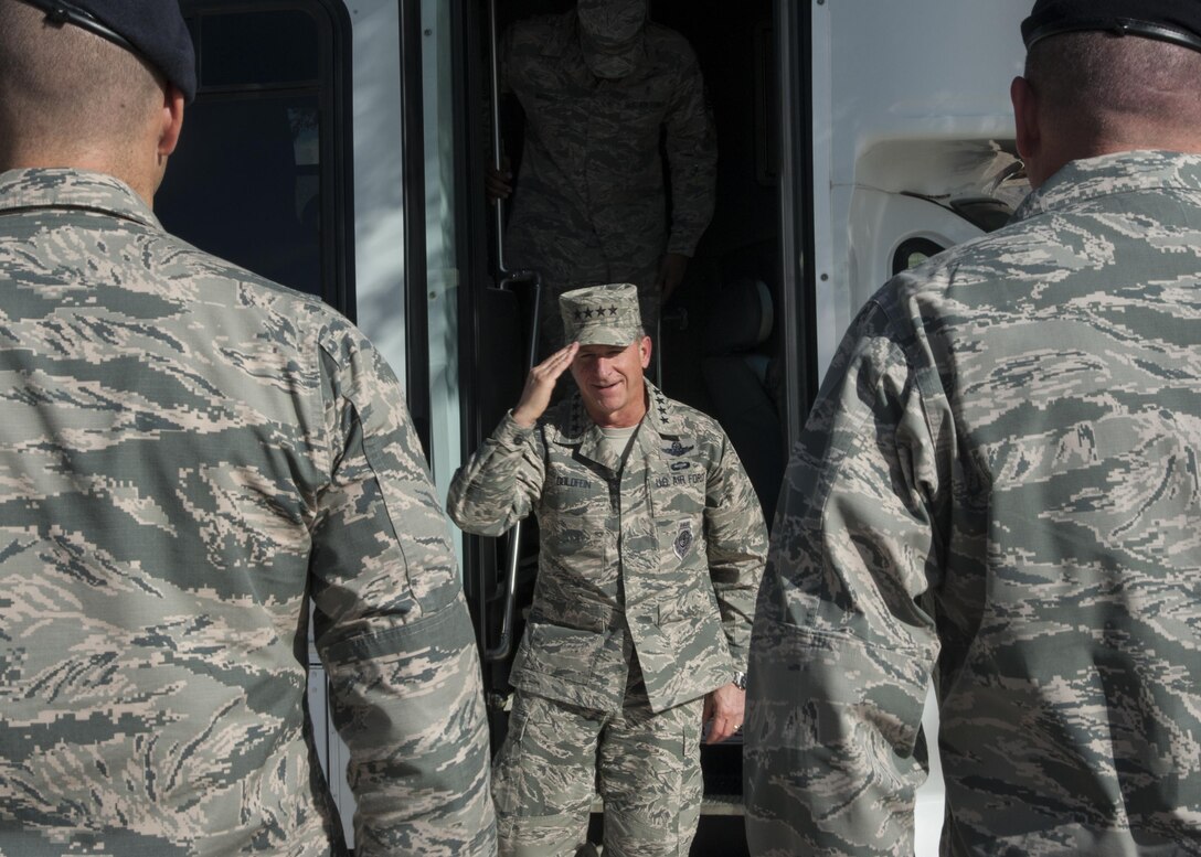 U.S. Air Force Chief of Staff Gen. David L. Goldfein is greeted by Security Forces Group leadership, at Kirtland Air Force Base, N.M., Oct. 19.