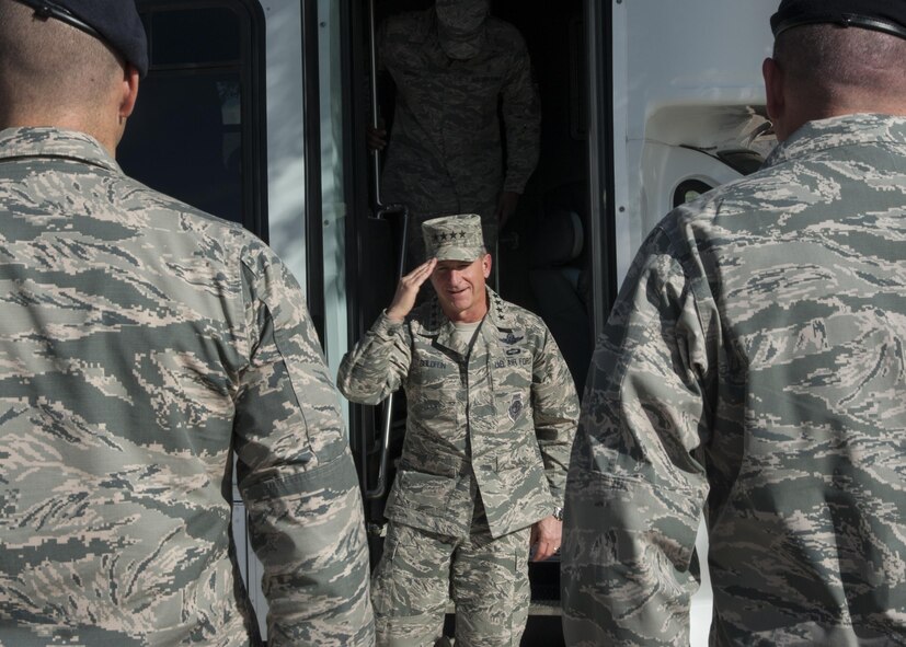 U.S. Air Force Chief of Staff Gen. David L. Goldfein is greeted by Security Forces Group leadership, at Kirtland Air Force Base, N.M., Oct. 19.