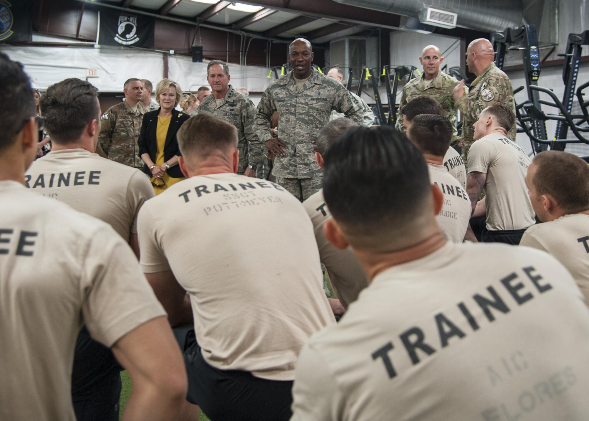 U.S. Air Force Chief of Staff Gen. David L. Goldfein and Chief Master Sergeant of the Air Force Kaleth O. Wright speak to trainees from the 351st Battlefield Airmen Training Squadron at Kirtland Air Force Base, N.M., Oct. 20.