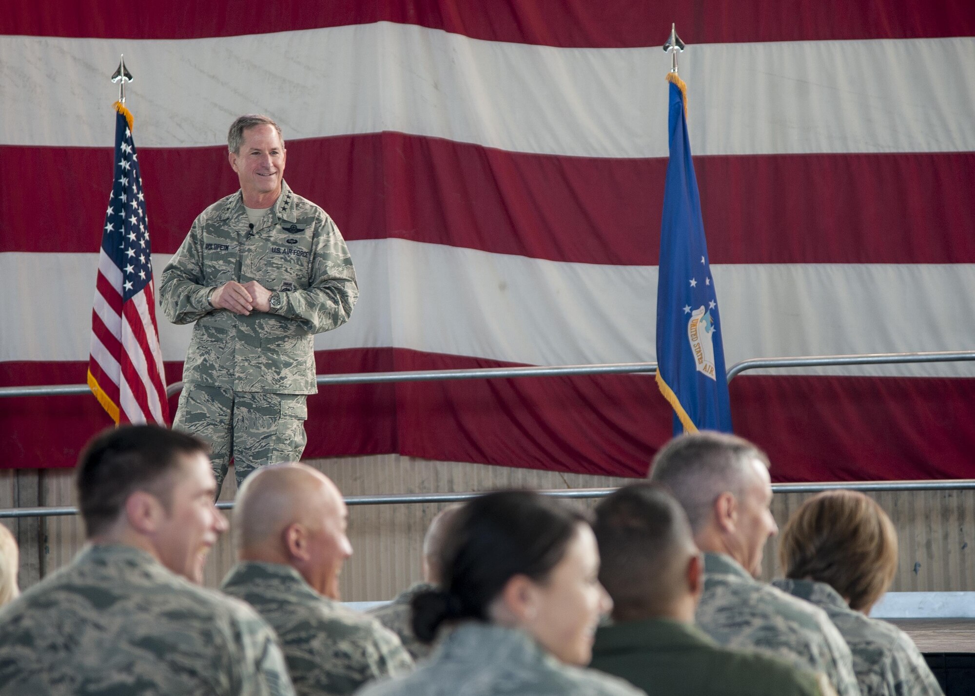 U.S. Air Force Chief of Staff Gen. David L. Goldfein speaks to members of Team Kirtland at Kirtland Air Force Base, N.M., Oct. 20.