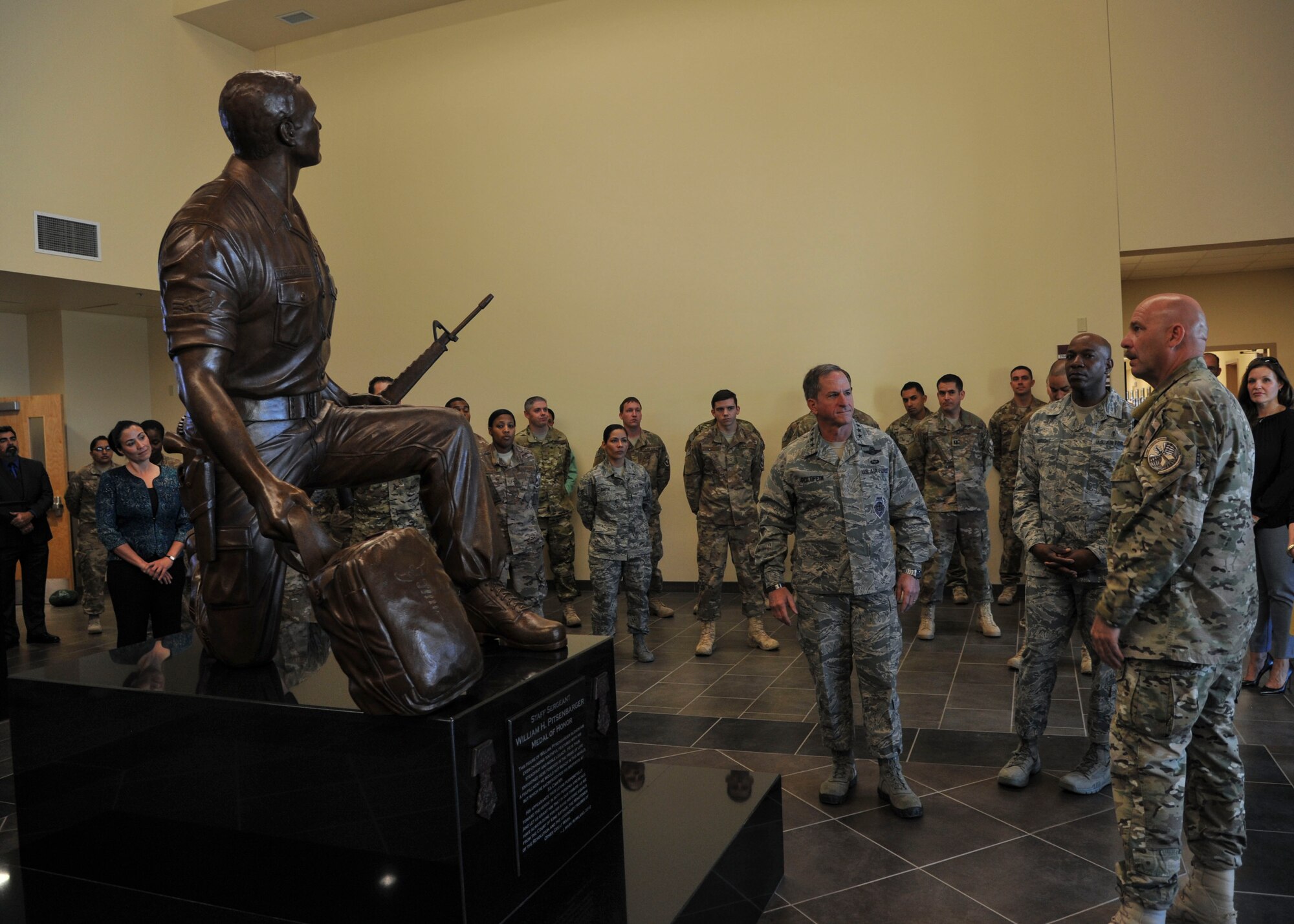 U.S. Air Force Chief of Staff Gen. David L. Goldfein and Chief Master Sergeant of the Air Force Kaleth O. Wright are briefed by Chief Master Sgt. Robert Bean, 351st Battlefield Airmen Training Squadron commandant.