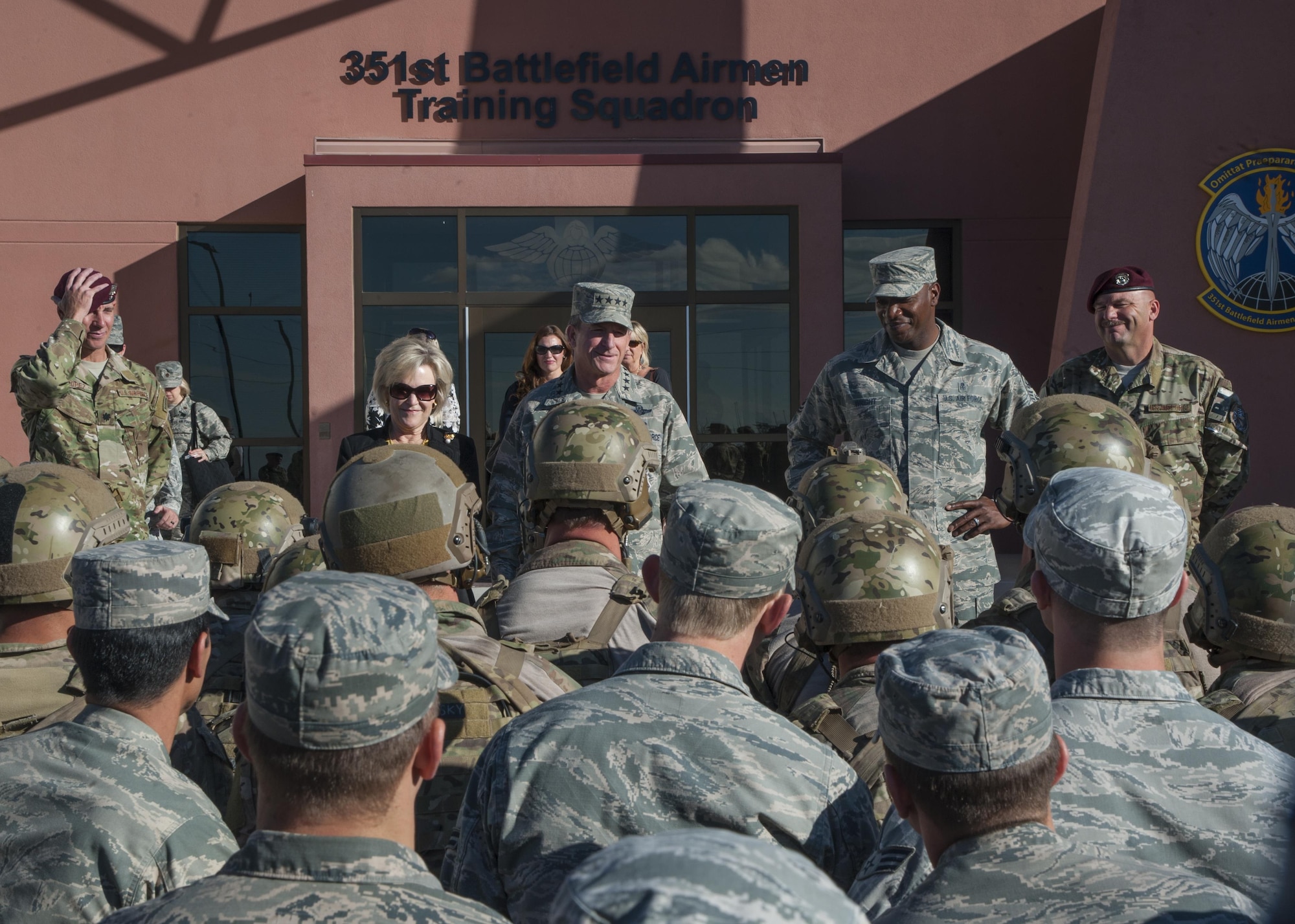 U.S. Air Force Chief of Staff Gen. David L. Goldfein, his wife Dawn Goldfein and Chief Master Sergeant of the Air Force Kaleth O. Wright speak with Airmen from the 351st Battlefield Airmen Training Squadron at Kirtland Air Force Base, N.M., Oct. 20.