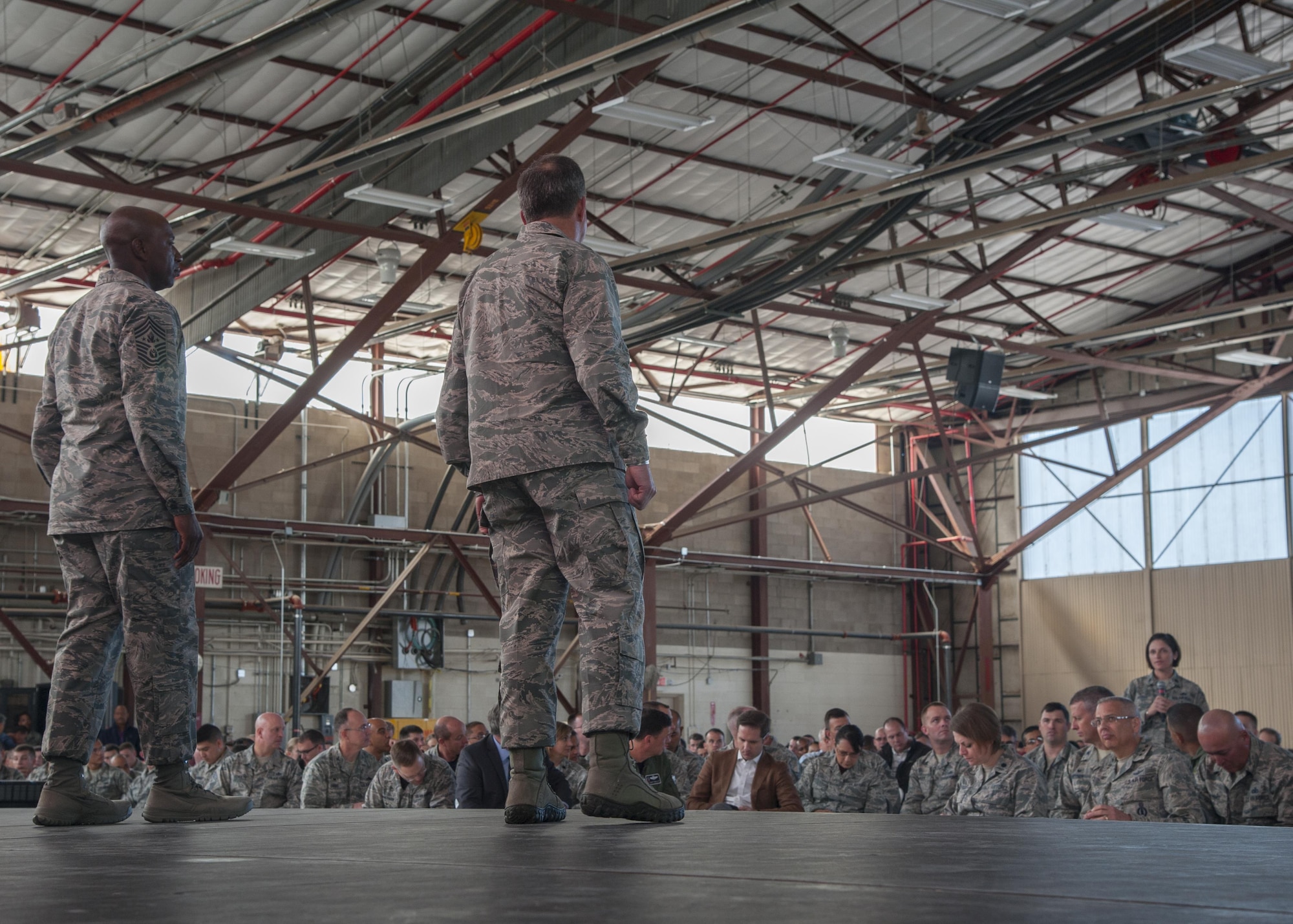 U.S. Air Force Chief of Staff Gen. David L. Goldfein and Chief Master Sergeant of the Air Force Kaleth O. Wright answer questions from members of Team Kirtland at Kirtland Air Force Base, N.M., Oct. 20.