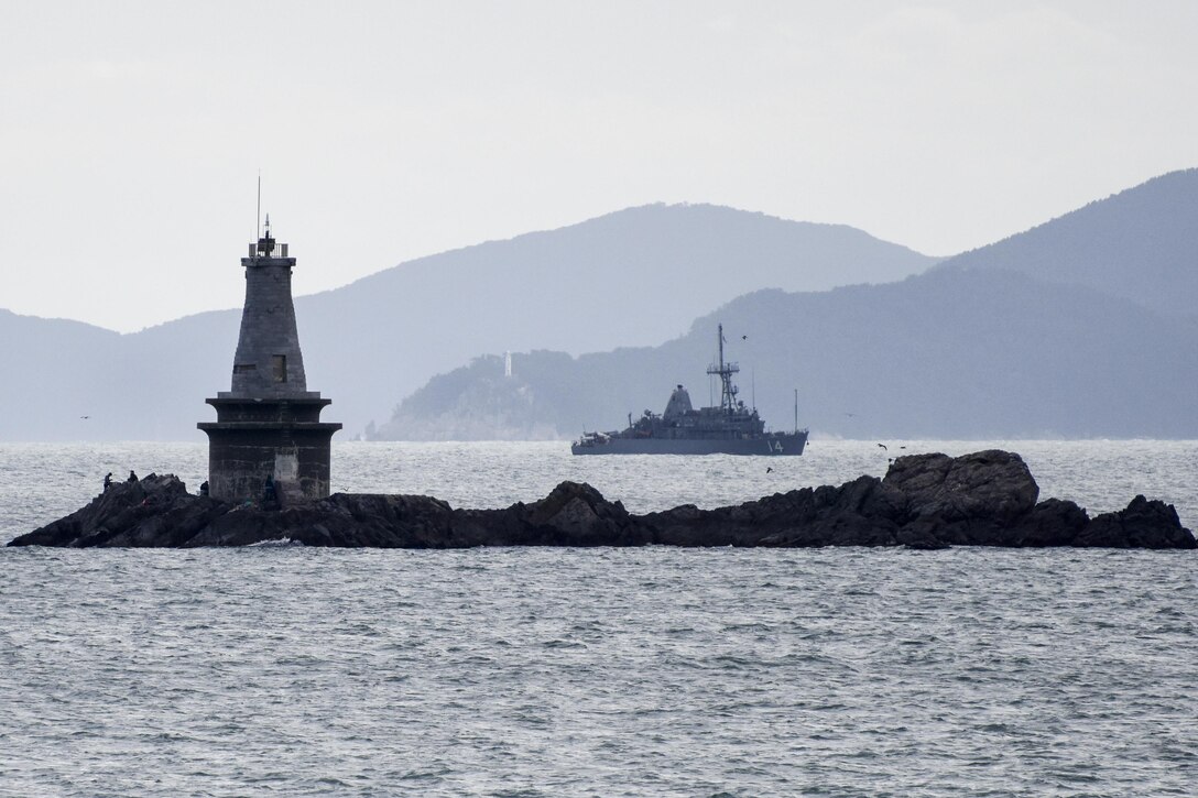 A U.S. ship travels through waters near the Korean Peninsula.