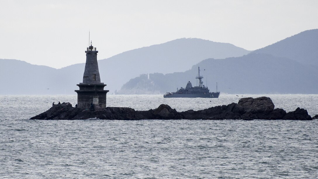 A U.S. ship travels through waters near the Korean Peninsula.