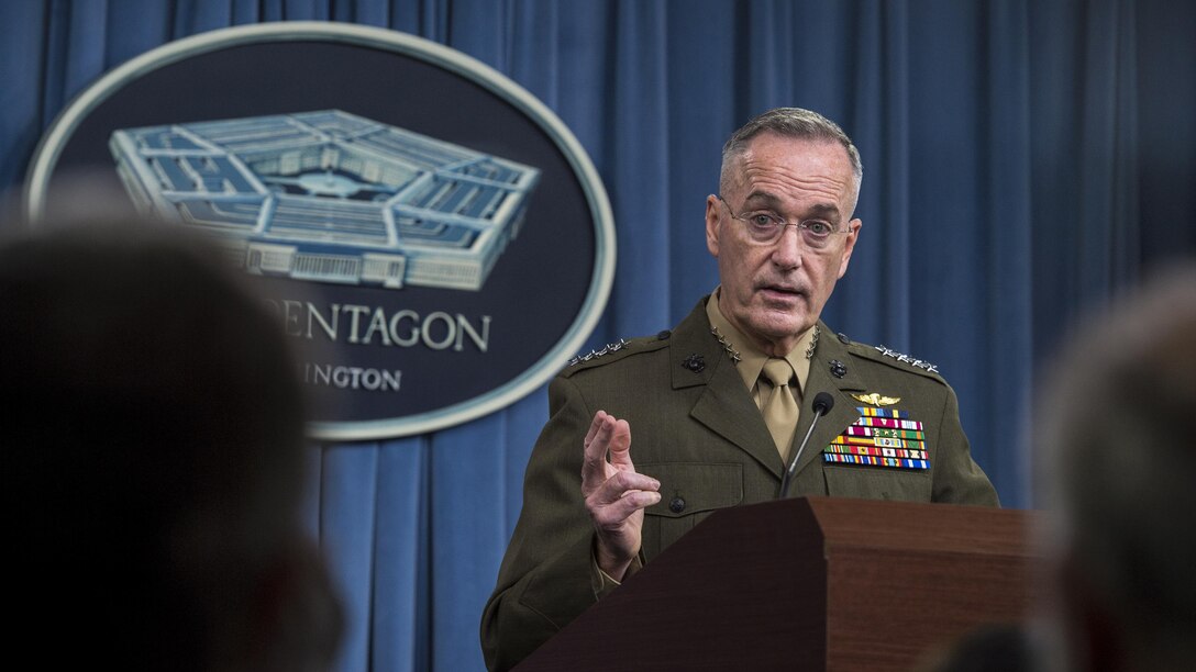 The chairman of the Joint Chiefs of Staff speaks to reporters at the Pentagon.