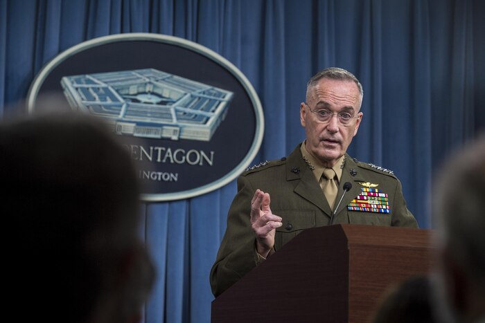 The chairman of the Joint Chiefs of Staff speaks to reporters at the Pentagon.