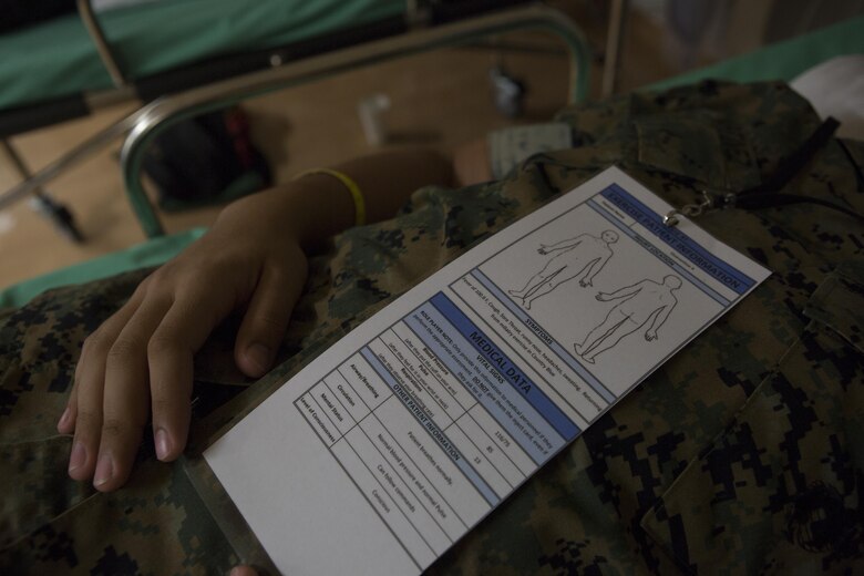 CAMP FOSTER, OKINAWA, Japan— A medical card lays tied around a role player’s wrist Oct. 18 during the pandemic influenza isolation exercise aboard Camp Foster, Okinawa, Japan.