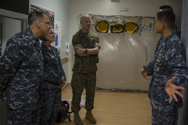 CAMP FOSTER, OKINAWA, Japan—Brig. Gen. Paul J. Rock Jr. speaks to U.S. Naval Hospital Okinawa leadership Oct. 18 during the pandemic influenza isolation exercise aboard Camp Foster, Okinawa, Japan.