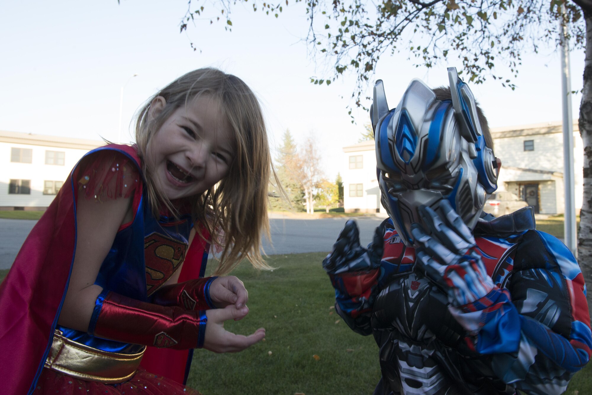 Elaina Jenkins, 6, and her brother Jacob, 5, play in their Halloween costumes on Joint Base Elmendorf-Richardson, Alaska, Oct. 19, 2017. The Jenkins tested their costumes in preparation for Halloween.
