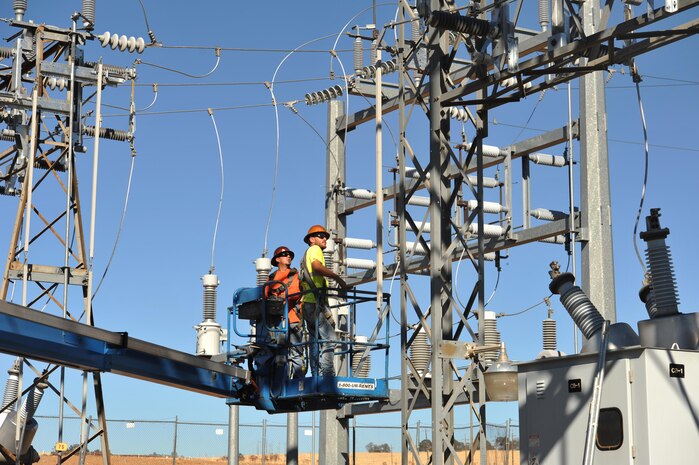 Contractors work on electrical substation renovations at Beale Air Force Base.