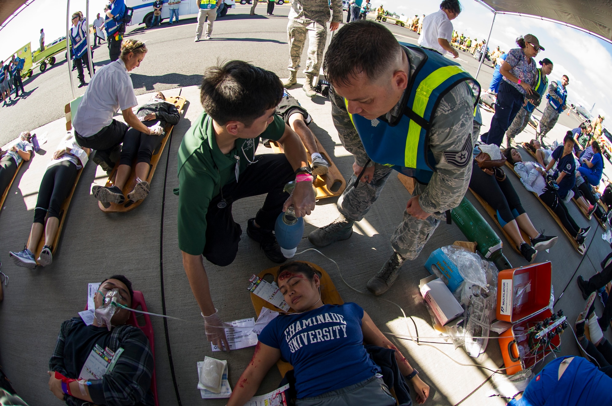 Tech. Sgt. Christopher Lawson, 15th Aerospace Medical Squadron flight operations medical technician, instructs nursing students on triage procedures during the 2017 Triennial Emergency Response Exercise at the Daniel K. Inouye International Airport, Honolulu, Hawaii, Oct. 20, 2017.