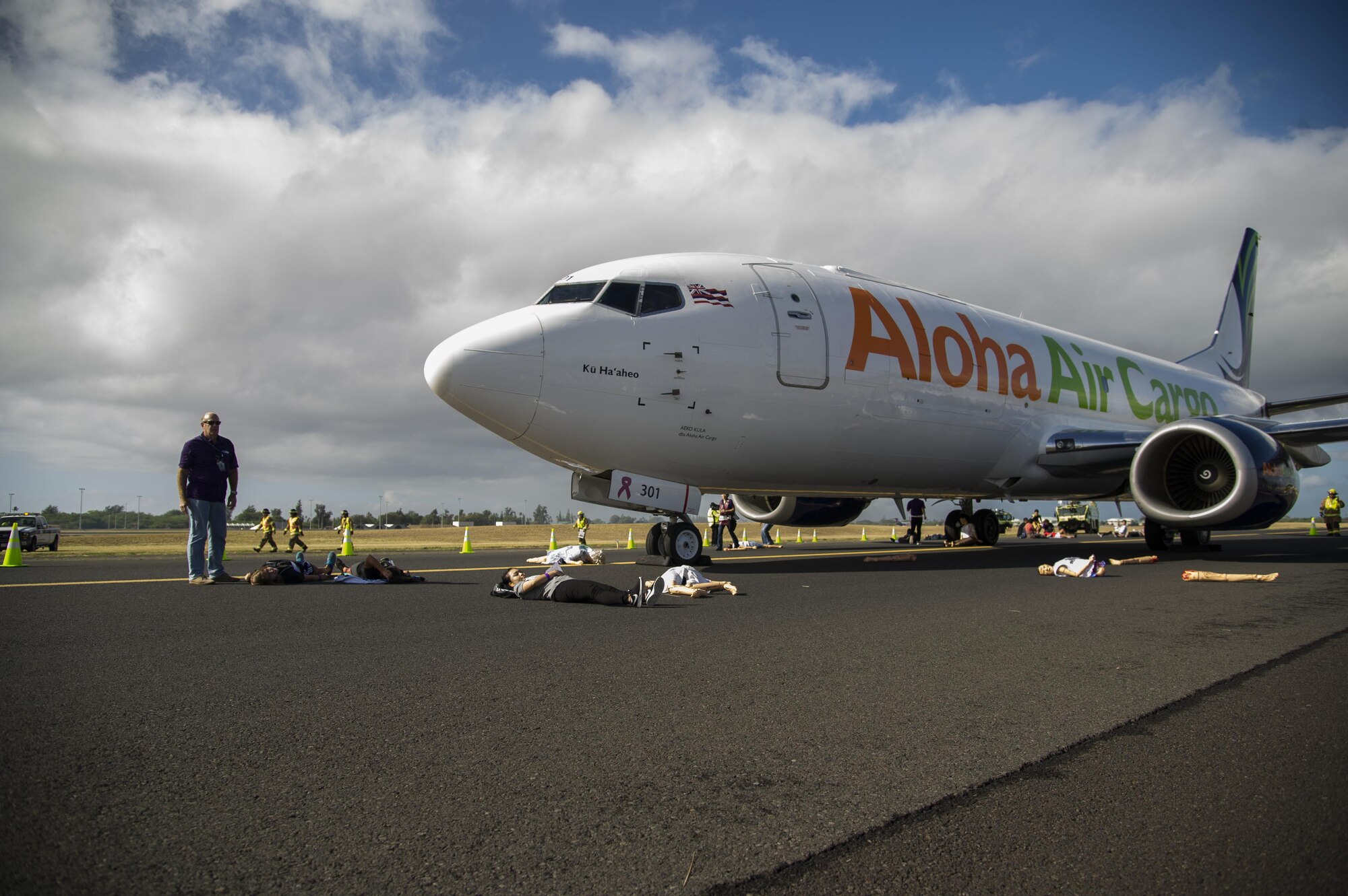 Mannequins lay on the flightline to simulate fatalities during the 2017 Triennial Emergency Response Exercise at the Daniel K. Inouye International Airport, Honolulu, Hawaii, Oct. 20, 2017.