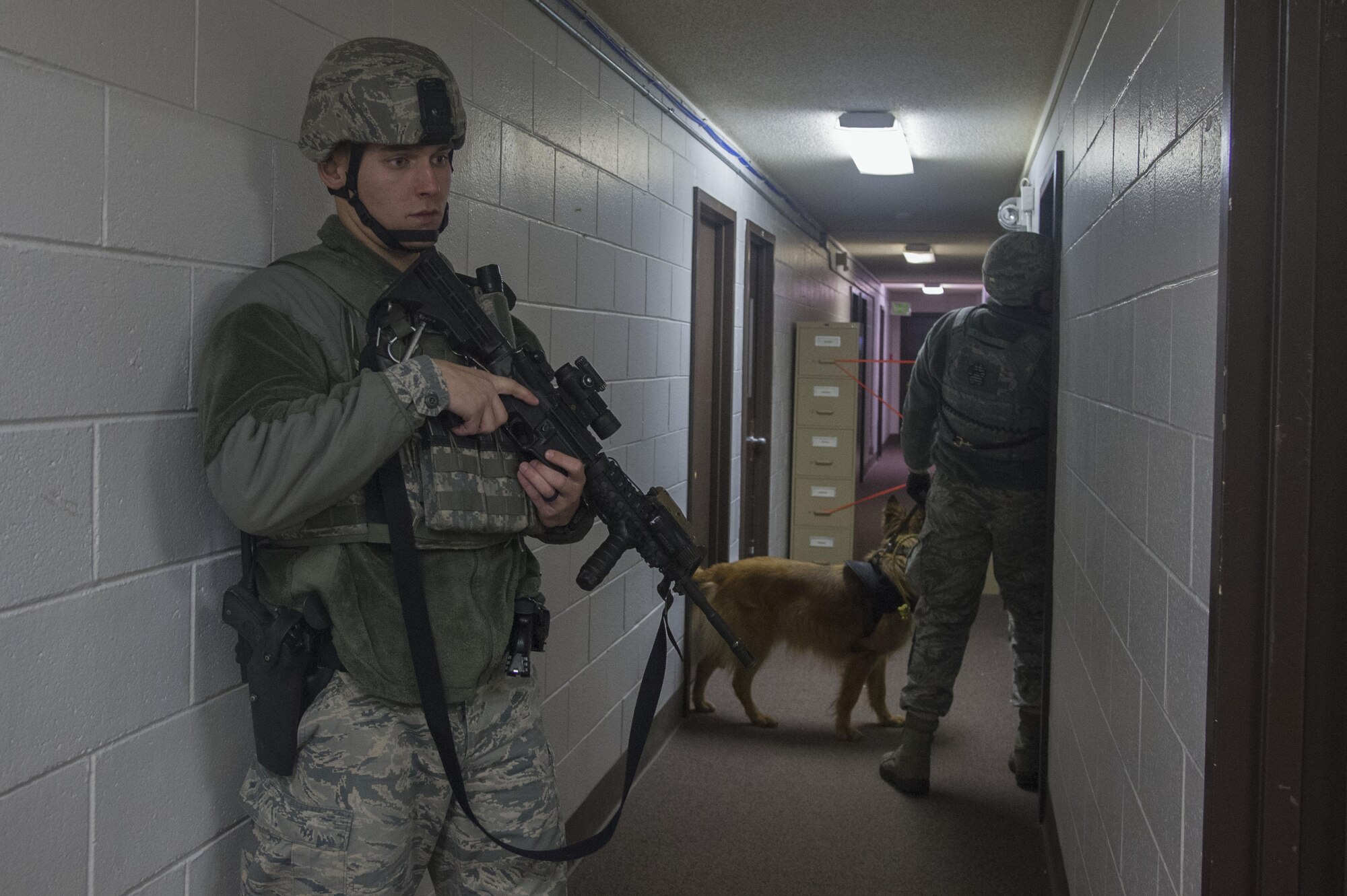 Members of the 673d Security Forces Squadron search a building as part of a Mission Assurance Exercise at Joint Base Elmendorf-Richardson, Alaska, Oct. 17, 2017. The MAE was an anti-terrorism force protection exercise that simulated a threat against the base.
