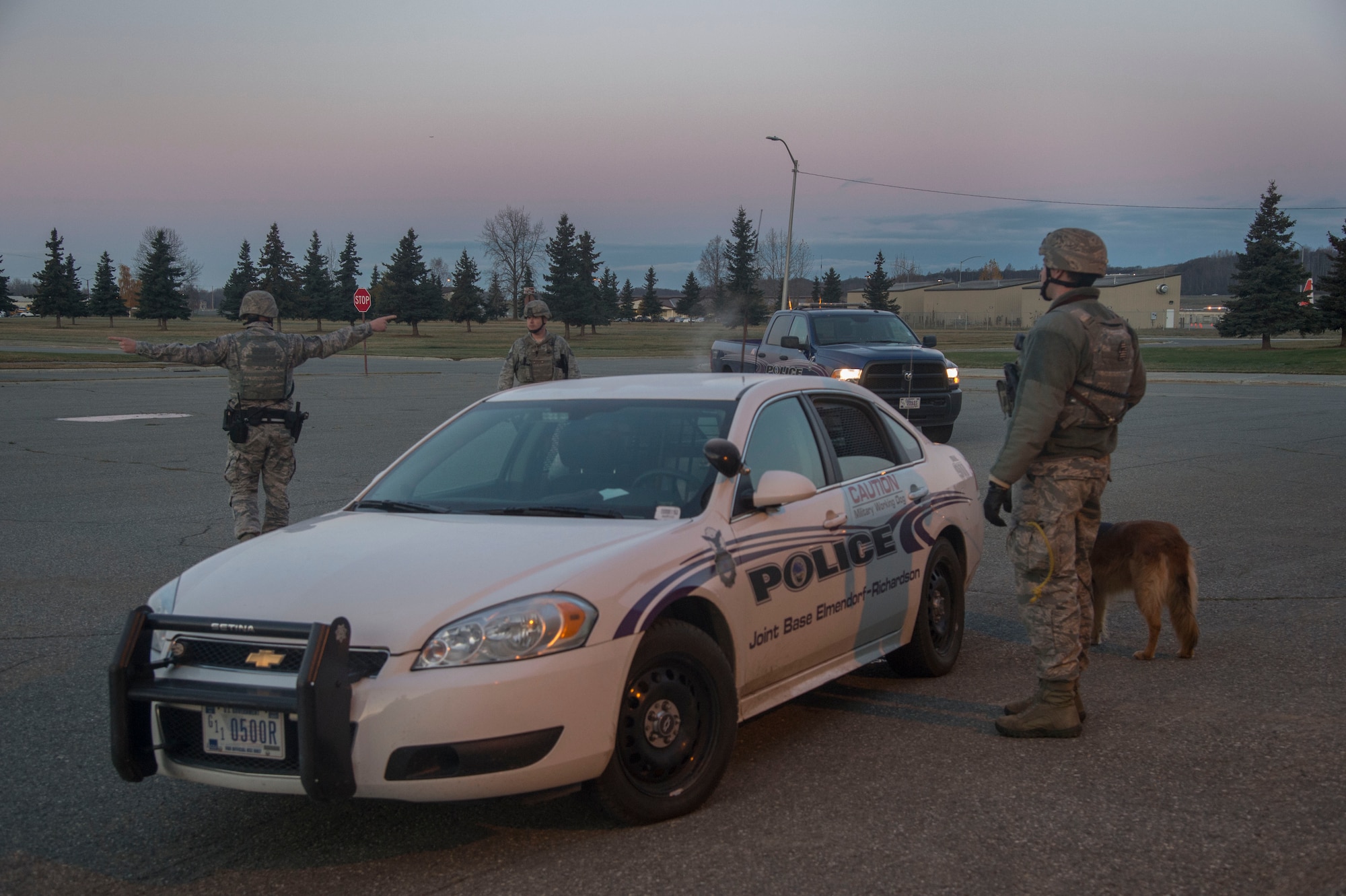 Members of the 673d Security Forces Squadron participate in a Mission Assurance Exercise at Joint Base Elmendorf-Richardson, Alaska, Oct. 17, 2017. The MAE was an anti-terrorism force protection exercise that simulated a threat against the base.