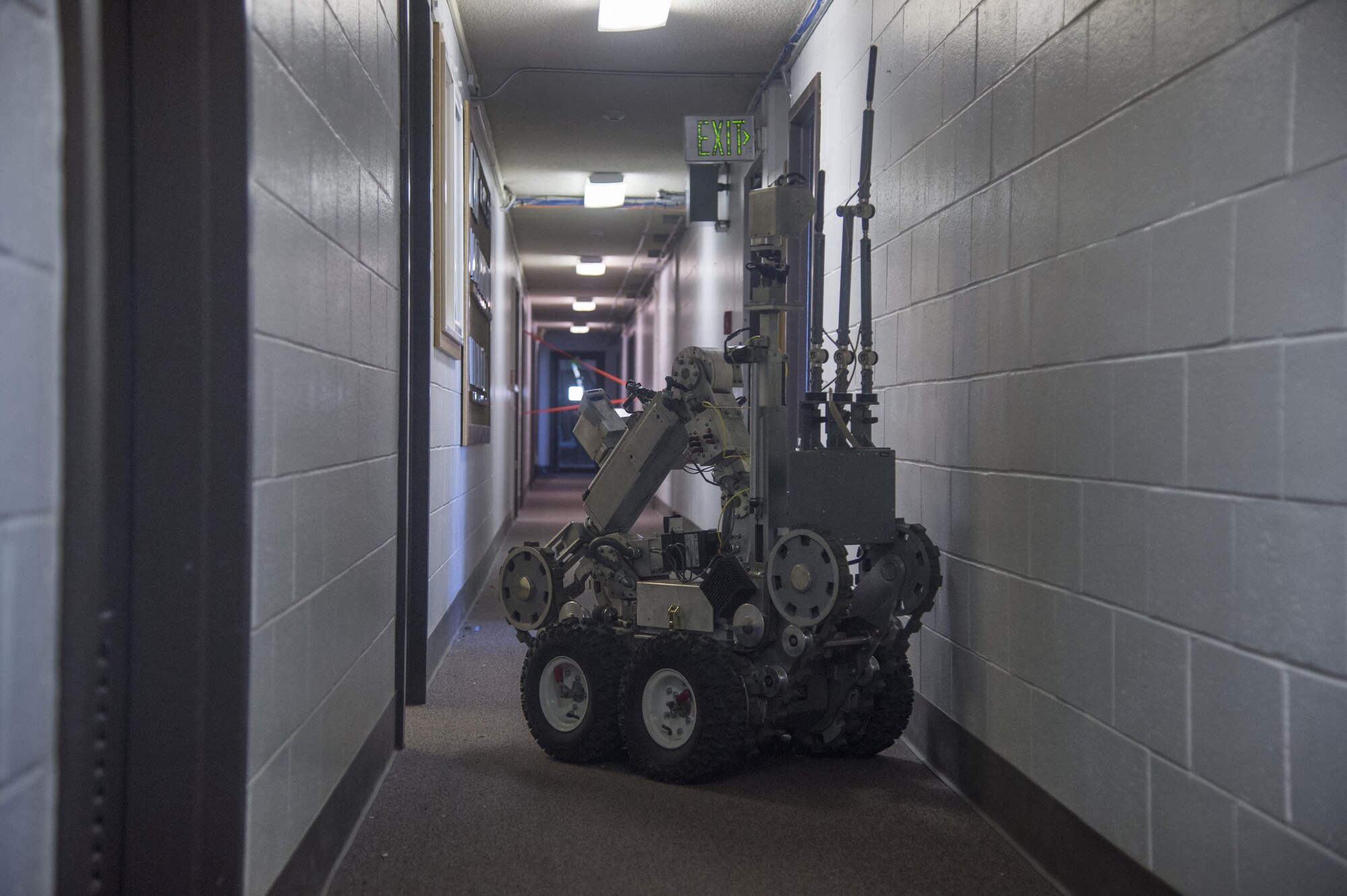 An F6A bomb disposal robot with the 673d Civil Engineer Squadron explosive ordnance disposal flight is remotely guided through a simulated bomb-threat area during a Mission Assurance Exercise at Joint Base Elmendorf-Richardson, Alaska, Oct. 17, 2017. The MAE was an anti-terrorism force protection exercise that simulated a threat against the base.