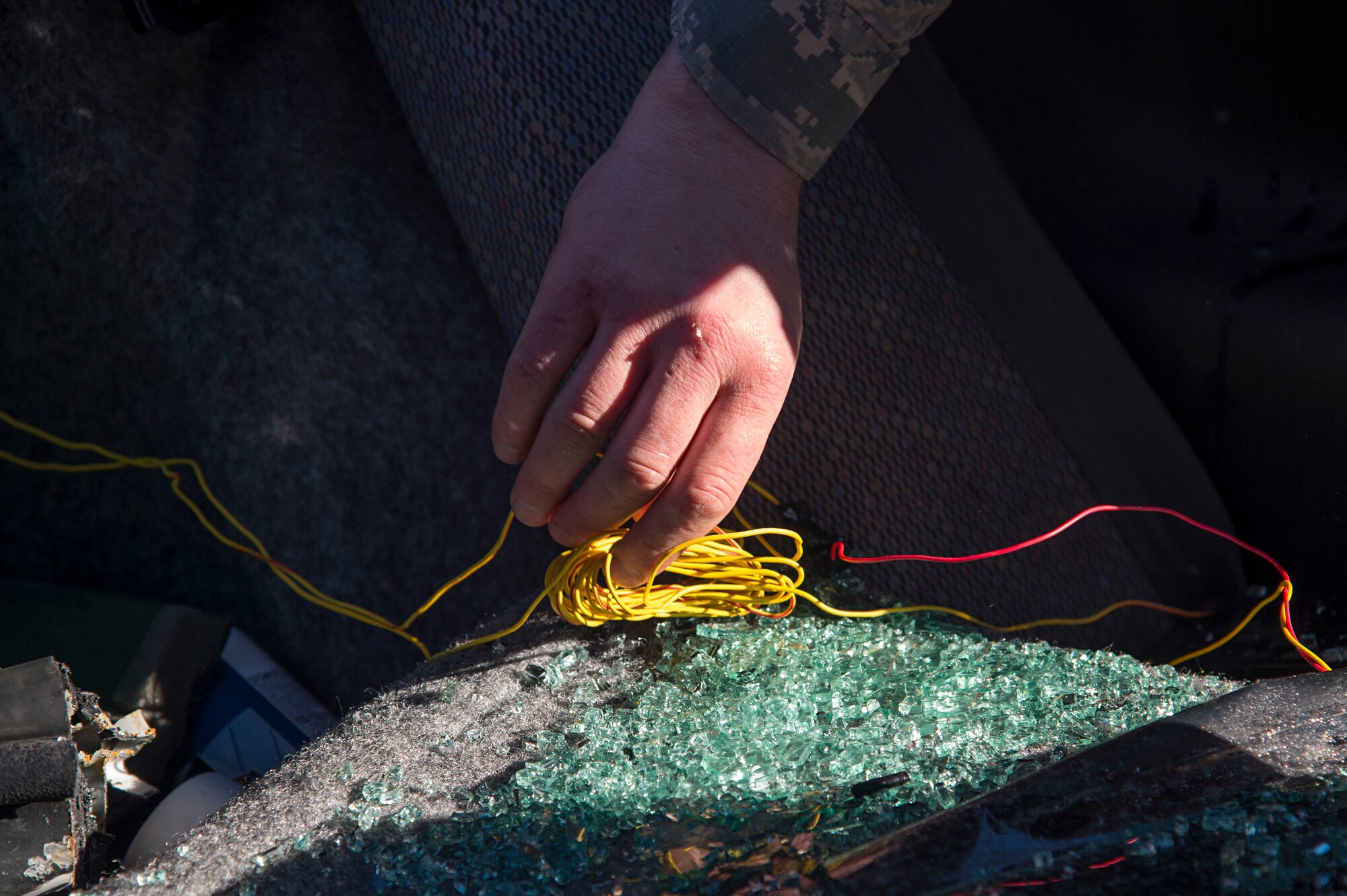 Air Force Staff Sgt. Zacheriah Sekula, 673d Civil Engineer Squadron explosive ordnance disposal team leader, defuses a simulated vehicle-borne improvised explosive device during a Mission Assurance Exercise at Joint Base Elmendorf-Richardson, Alaska, Oct. 17, 2017. The MAE was an anti-terrorism force protection exercise that simulated a threat against the base.