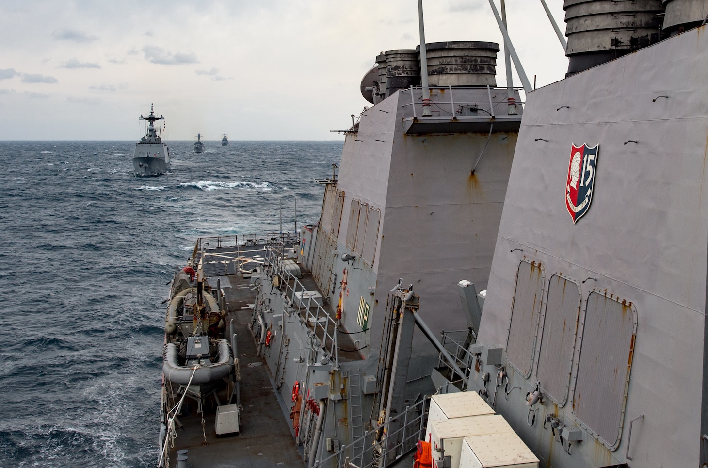 WATERS EAST OF THE KOREAN PENINSULA (Oct. 18, 2017) The forward-deployed Arleigh Burke-class guided-missile destroyer USS Stethem (DDG 63) steams in formation with Republic of Korea (ROK) Navy ships ROKS Munmu the Great (DDH-976), ROKS Kang Won (DD-922) and ROKS Yang Manchun (DDH-973) during Maritime Counter Special Operations Force Exercise 2017.  Stethem, part of Carrier Strike Group 5, is conducting a bilateral training exercise with the ROK Navy designed to increase the readiness of U.S. and ROK forces and maintain stability on the Korean Peninsula.