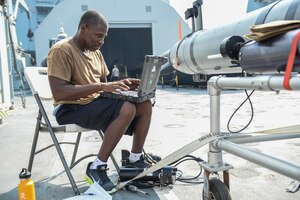 Aerographer’s Mate 1st Class Jamaine Parks, assigned to Task Group 56.1 conducts pre-checks on an MK 18 Mod 2 unmanned underwater vehicle aboard Royal Fleet Auxiliary landing ship dock RFA Cardigan Bay (L3009) during Mine Identification and Exploitation Exercise (MIE-EX) 2017.