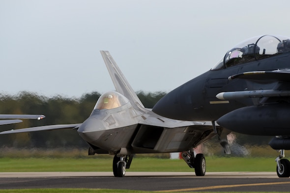 An F-22 Raptor from the 1st Fighter Wing, Joint Base Langley-Eustis, Virginia prepares to take off at Royal Air Force Lakenheath, England Oct. 12, 2017. The U.S. Air Force deployed F-22 Raptors, Airmen and associated equipment to RAF Lakenheath for a flying training deployment to conduct air training with other Europe-based U.S. aircraft and NATO allies. (U.S. Air Force photo/Airman 1st Class Eli Chevalier)