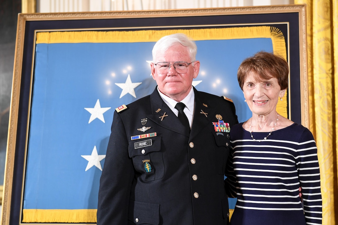 Retired Army Capt. Gary M. Rose and his wife, Margaret, prepare to attend a Medal of Honor ceremony at the White House.