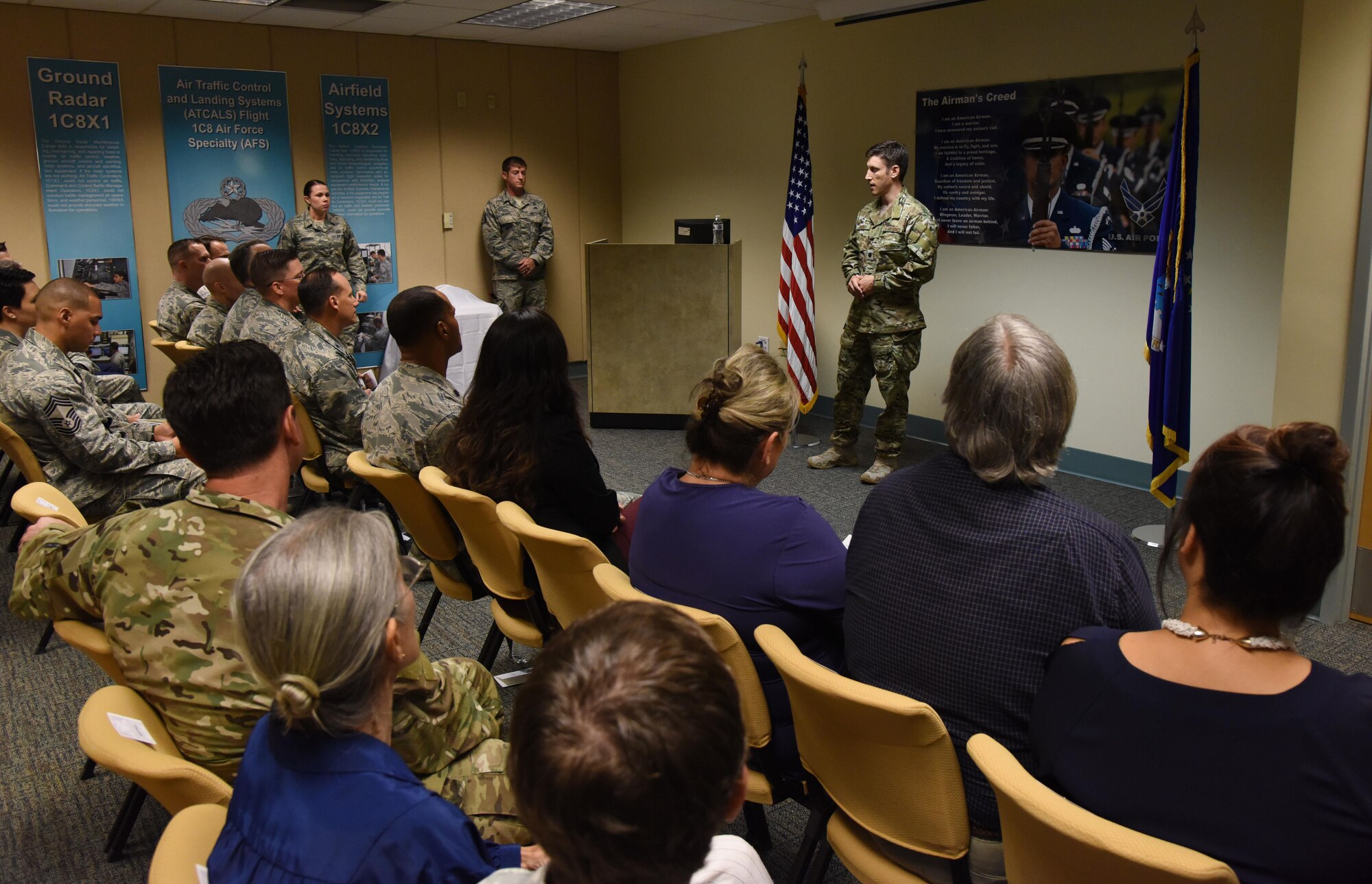 Lt. Col. Randall Harvey, 21st Special Tactics Squadron commander, Pope Field, North Carolina, delivers remarks during a dedication ceremony to honor Staff Sgt. Forrest Sibley at Cody Hall Oct. 20, 2017, on Keesler Air Force Base, Mississippi. Sibley was killed in combat in Afghanistan on Aug. 26, 2015. Sibley, a four-time Bronze Star medal recipient, was a combat controller who received his initial technical training from the 334th Training Squadron here. A training room was dedicated in his memory during the event. (U.S. Air Force photo by Kemberly Groue)