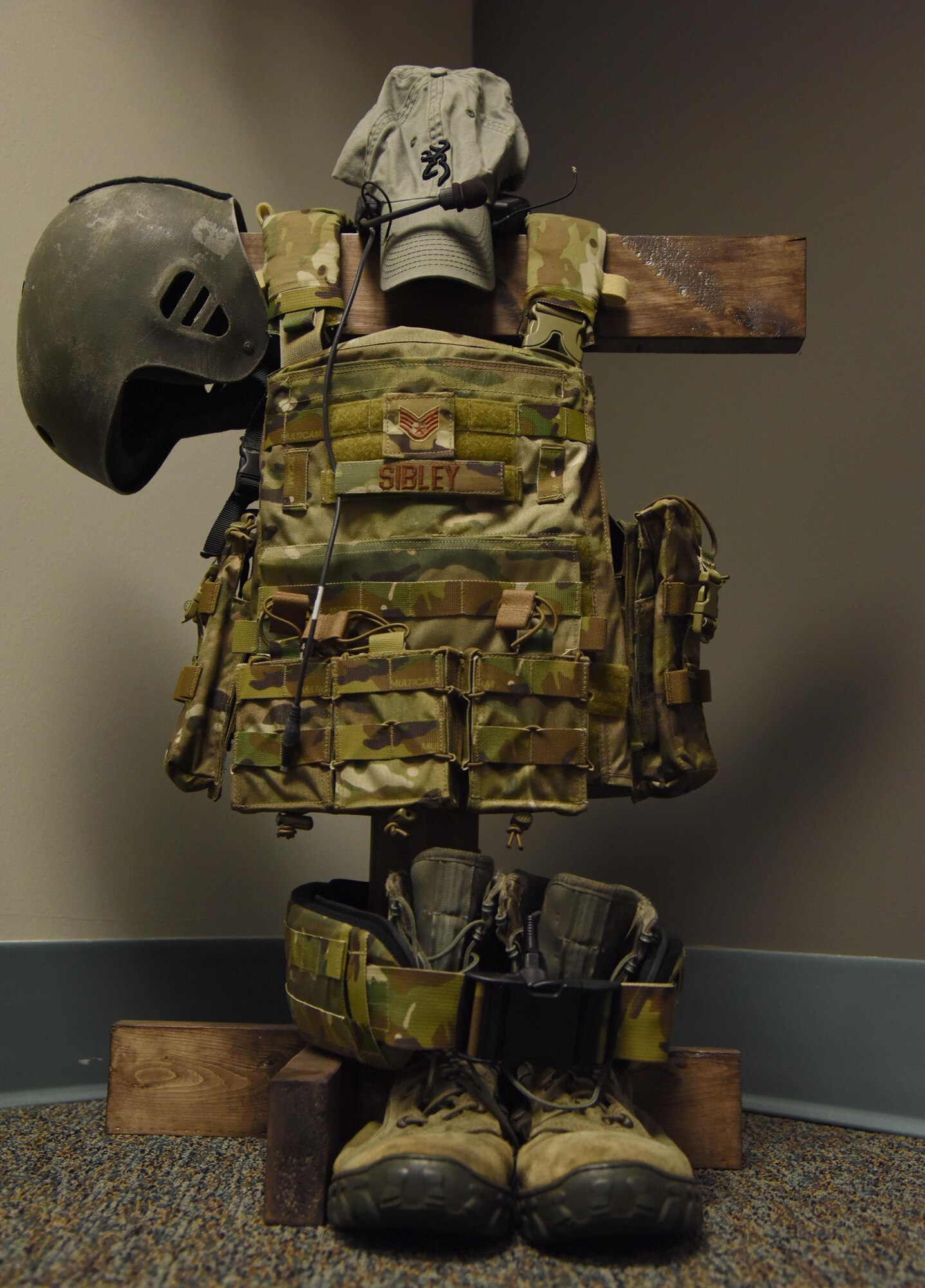 A fallen soldier memorial belonging to Staff Sgt. Forrest Sibley is displayed inside a training room at Cody Hall during a dedication ceremony to honor him Oct. 20, 2017, on Keesler Air Force Base, Mississippi. Sibley was killed in combat in Afghanistan on Aug. 26, 2015. Sibley, a four-time Bronze Star medal recipient, was a combat controller who received his initial technical training from the 334th Training Squadron here. (U.S. Air Force photo by Kemberly Groue)