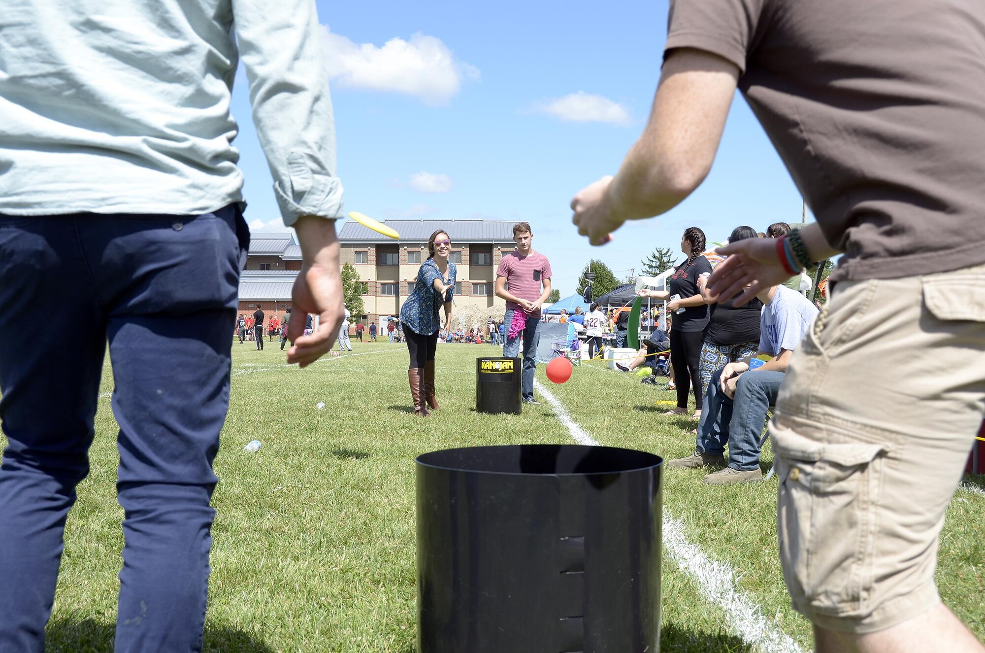 445th Airlift Wing’s Developmental Training Flight trainees compete in a game of KanJam held during the 445th Airlift Wing’s Family Fun Day Sept. 9, 2017. The 445th DTF prepares new enlistees to succeed in basic military training. (U.S. Air Force photo/Staff Sgt. Joel McCullough)