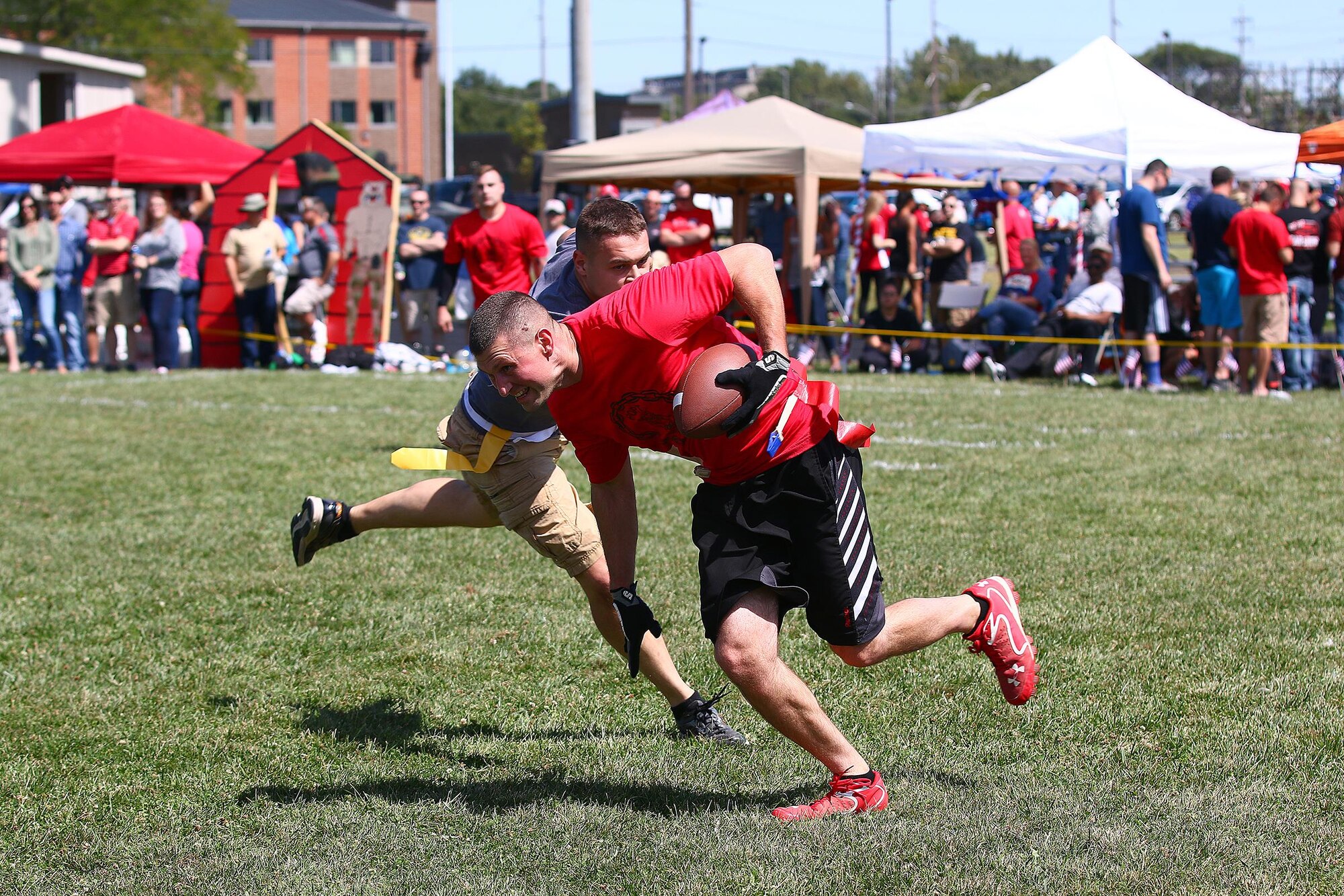 Various squadron across the 445th Airlift Wing participated in a flag football tournament held during the wing's annual Family Fun day event Sept. 9, 2017.