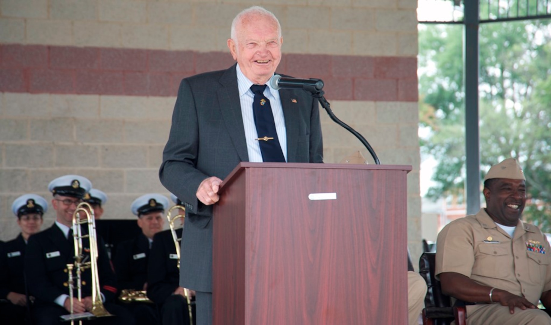 IMAGE: DAHLGREN, Va. (Oct. 16, 2017) – Jim Colvard – Naval Surface Warfare Center Dahlgren Division Technical Director from 1973 to 1980 – gives his keynote speech before the military and civilian audience gathered to celebrate the Navy base’s centennial.  “Today’s problems cannot be solved by yesterday’s solutions,” said Colvard. “So you’ve got to be constantly looking at new ways to do things and approach a problem.”