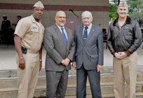 IMAGE: DAHLGREN, Va. (Oct. 16, 2017) – Capt. Godfrey ‘Gus’ Weekes, John Fiore, Jim Colvard, and Capt. Michael O’Leary are pictured at the Dahlgren Centennial commemoration kickoff ceremony. It was the first of a series of events and activities scheduled over the next year to celebrate the significant role Dahlgren has played in bolstering the nation’s defense. Weekes is the Naval Surface Warfare Center Dahlgren Division (NSWCDD) commanding officer; Fiore is the NSWCDD technical director; Colvard was the NSWCDD technical director from 1973 to 1980; and O’Leary is the NSA South Potomac commanding officer.