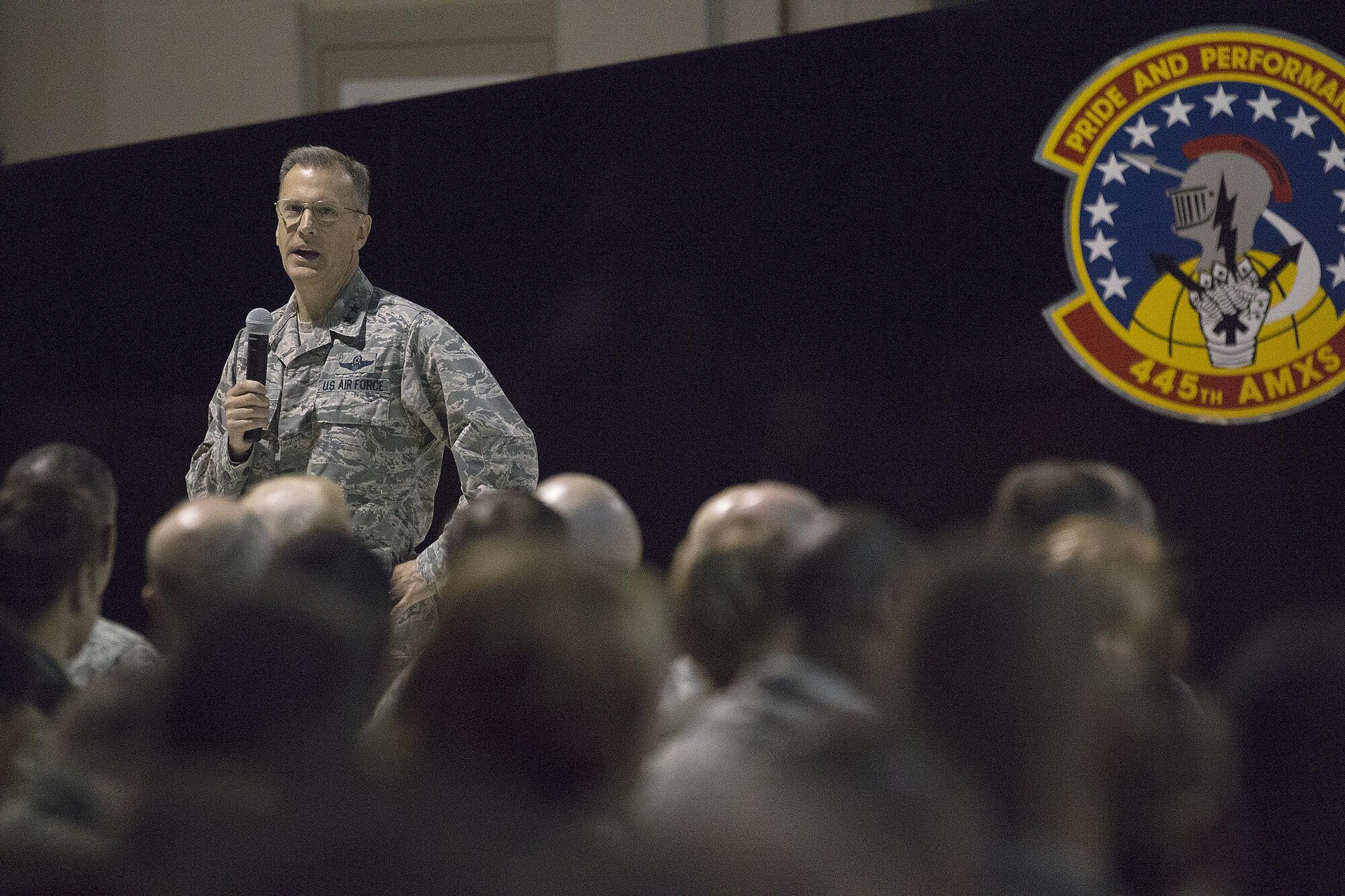 Maj. Gen. Randall A. Ogden, 4th Air Force commander, speaks to 445th Airlift Wing Airmen during an all call Sept. 9, 2017.