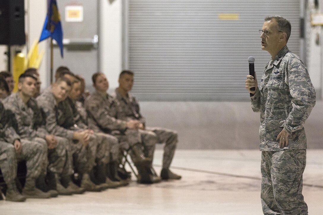 Maj. Gen. Randall A. Ogden, 4th Air Force commander, speaks to 445th Airlift Wing Airmen during an all call Sept. 9, 2017.