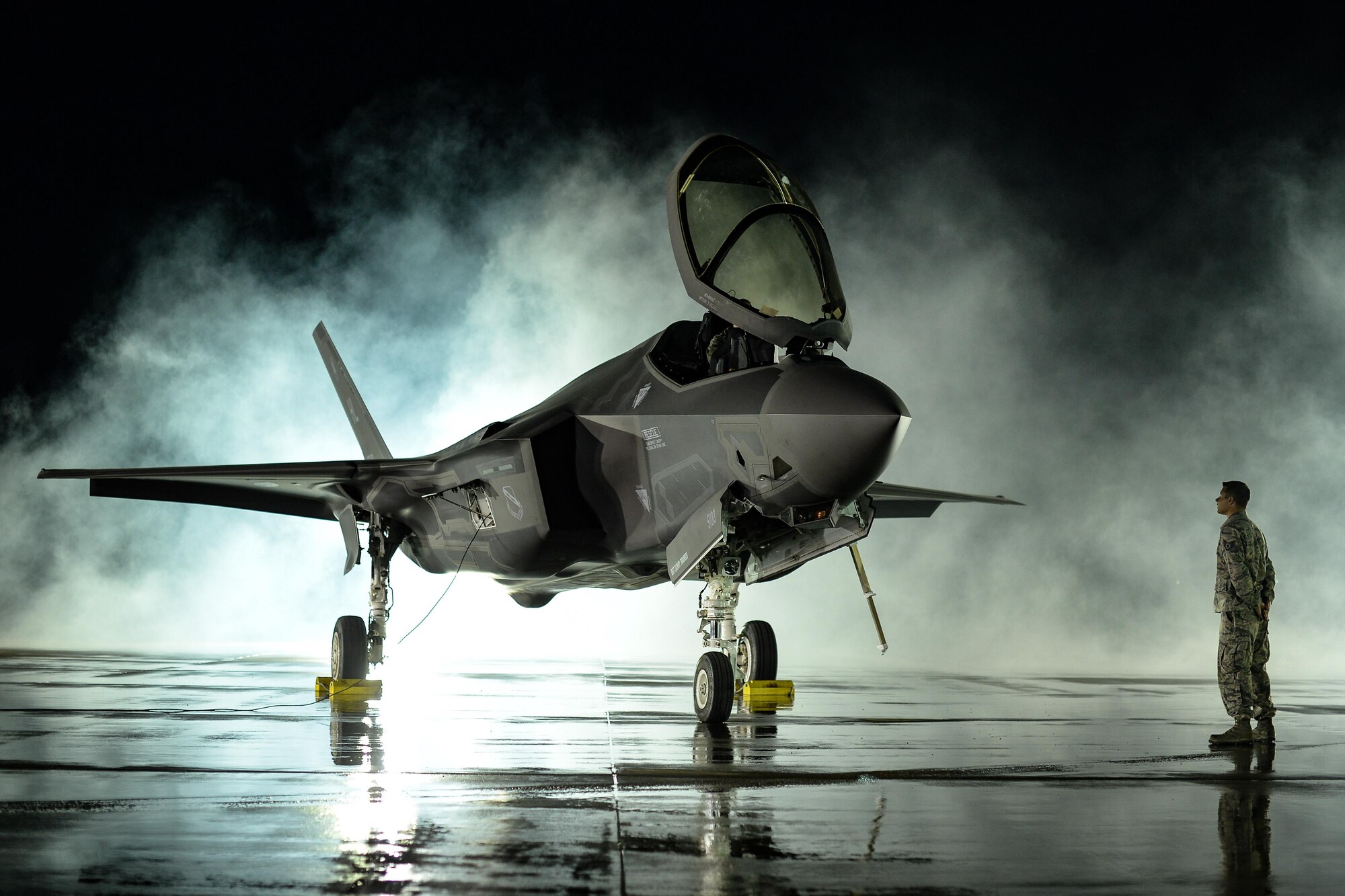 F-35 on the runway at night
