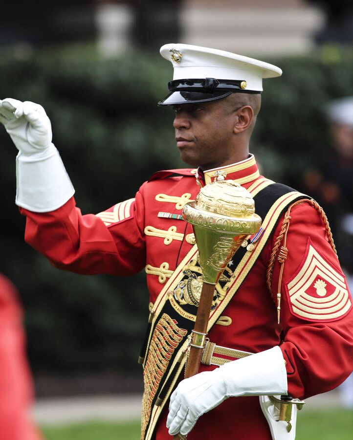Master Gunnery Sgt. Kevin Buckles, drum major, “The Commandant’s Own” U.S. Marine Drum & Bugle Corps, conducts the D&B during a Beirut Memorial Parade at Marine Barracks Washington D.C., Oct. 23, 2017. The ceremony was conducted to honor the 34th anniversary of the attack on the U.S. and French Barracks in Beirut and remember the fallen service members, survivors and their families. (Official Marine Corps photo by Lance Cpl. Damon Mclean/Released)