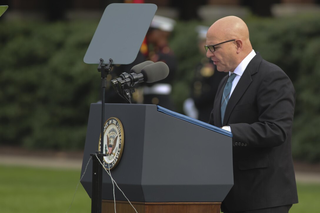 Lieutenant Gen. Herbert R. McMaster, assistant to the President for National Security Affairs, gives remarks during a Beirut Memorial Parade at Marine Barracks Washington D.C., Oct. 23, 2017. The ceremony was conducted to honor the 34th anniversary of the attack on the U.S. and French Barracks in Beirut and remember the fallen service members, survivors and their families. (Official Marine Corps photo by Lance Cpl. Damon Mclean/Released)