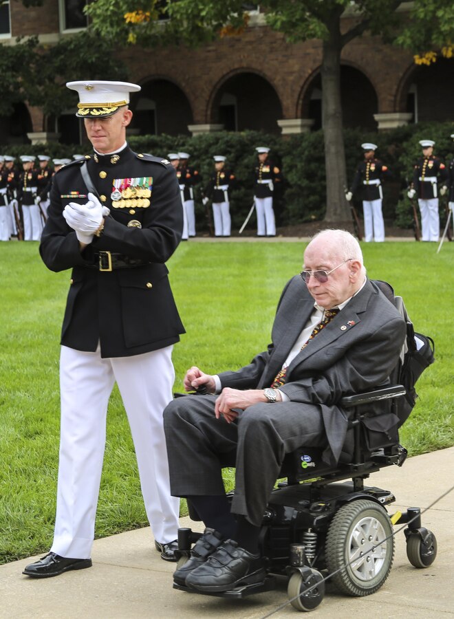 Colonel Tyler J. Zagurski, commanding officer, Marine Barracks Washington D.C., escorts Lt.Col. Howard L. Gerlach, U.S. Marine Corps, retired, down center walk during a Beirut Memorial Parade at the Barracks, Oct. 23, 2017. Gerlach was the commanding officer of 1st Battalion, 8th Marines in 1983 when the terrorist attack occurred. The ceremony was conducted to honor the 34th anniversary of the attack on the U.S. and French Barracks in Beirut and remember the fallen service members, survivors and their families. (Official Marine Corps photo by Lance Cpl. Damon Mclean/Released)