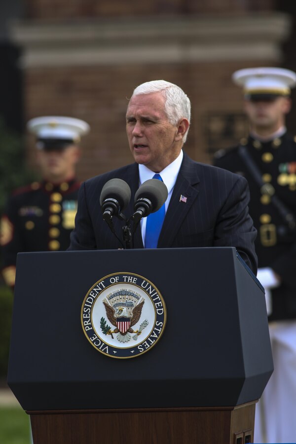Vice President Mike Pence gives remarks during a Beirut Memorial Parade at Marine Barracks Washington D.C., Oct. 23, 2017. The ceremony was conducted to honor the 34th anniversary of the attack on the U.S. and French Barracks in Beirut and remember the fallen service members, survivors and their families. (Official Marine Corps photo by Lance Cpl. Damon Mclean/Released)