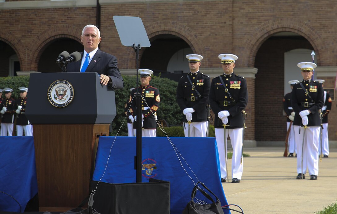 Vice President Mike Pence gives remarks during a Beirut Memorial Parade at Marine Barracks Washington D.C., Oct. 23, 2017. The ceremony was conducted to honor the 34th anniversary of the attack on the U.S. and French Barracks in Beirut and remember the fallen service members, survivors and their families. (Official Marine Corps photo by Lance Cpl. Damon Mclean/Released)
