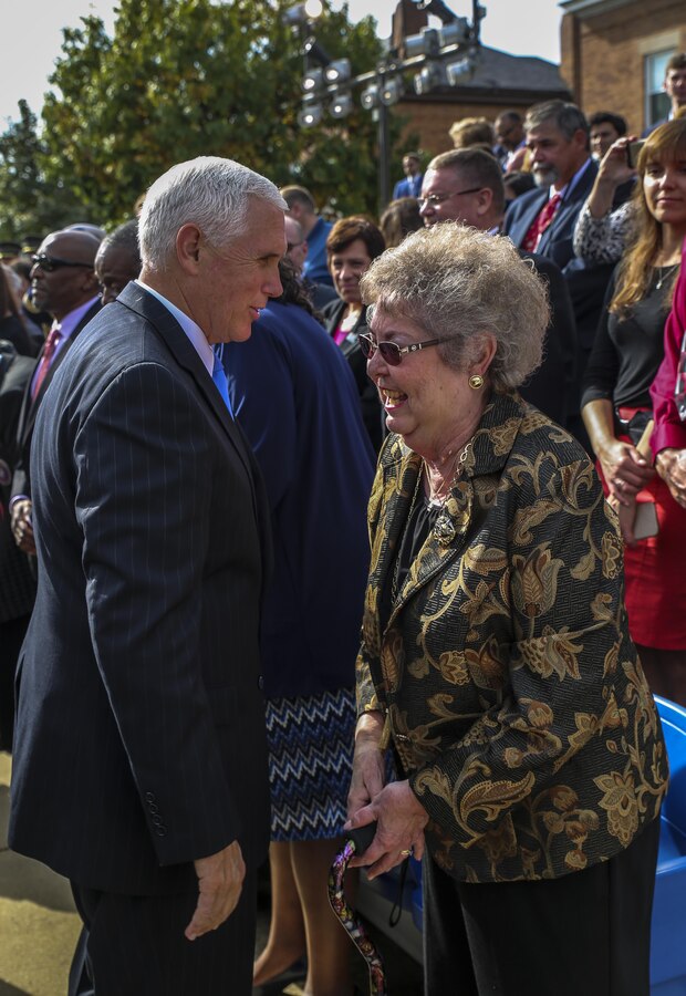 Vice President Mike Pence speaks with families of fallen service members and survivors of the Beirut bombing following a Beirut Memorial Parade at Marine Barracks Washington D.C., Oct. 23, 2017. The ceremony was conducted to honor the 34th anniversary of the attack on the U.S. and French Barracks in Beirut and remember the fallen service members, survivors and their families. (Official Marine Corps photo by Lance Cpl. Damon Mclean/Released)
