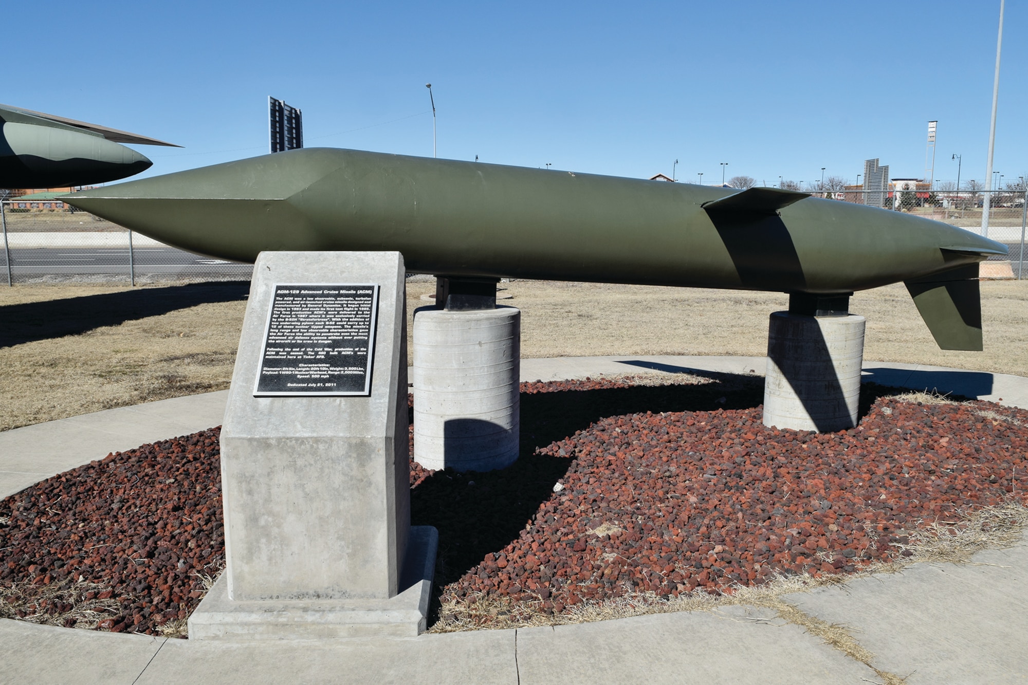 General Dynamics AGM-129 Advance Cruise Missile on display with wings out as if in-flight in the Charles B. Hall Memorial Air Park on Feb. 16, 2017, Tinker Air Force Base, Oklahoma. Tinker AFB maintains not only aircraft, but also cruise missiles and their components.