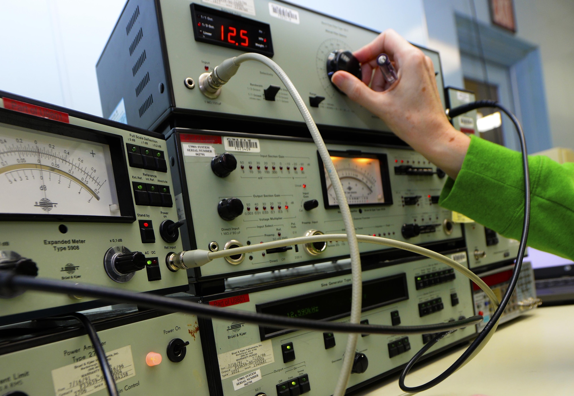 Elizabeth Maschmeyer, 3rd Maintenance Squadron Precision Measurement Equipment Laboratory calibration technician, calibrates a sound system at Joint Base Elmendorf-Richardson, Alaska, Oct. 23, 2017. Technicians from the 3rd MXS PMEL can calibrate and repair Test Measurement and Diagnostic Equipment to accuracies ranging from millionths of an inch to microvolts, depending upon the measurement area. They do so with four criteria in mind: accuracy, reliability, traceability and safety. (U.S. Air Force photo/Senior Airman Curt Beach)