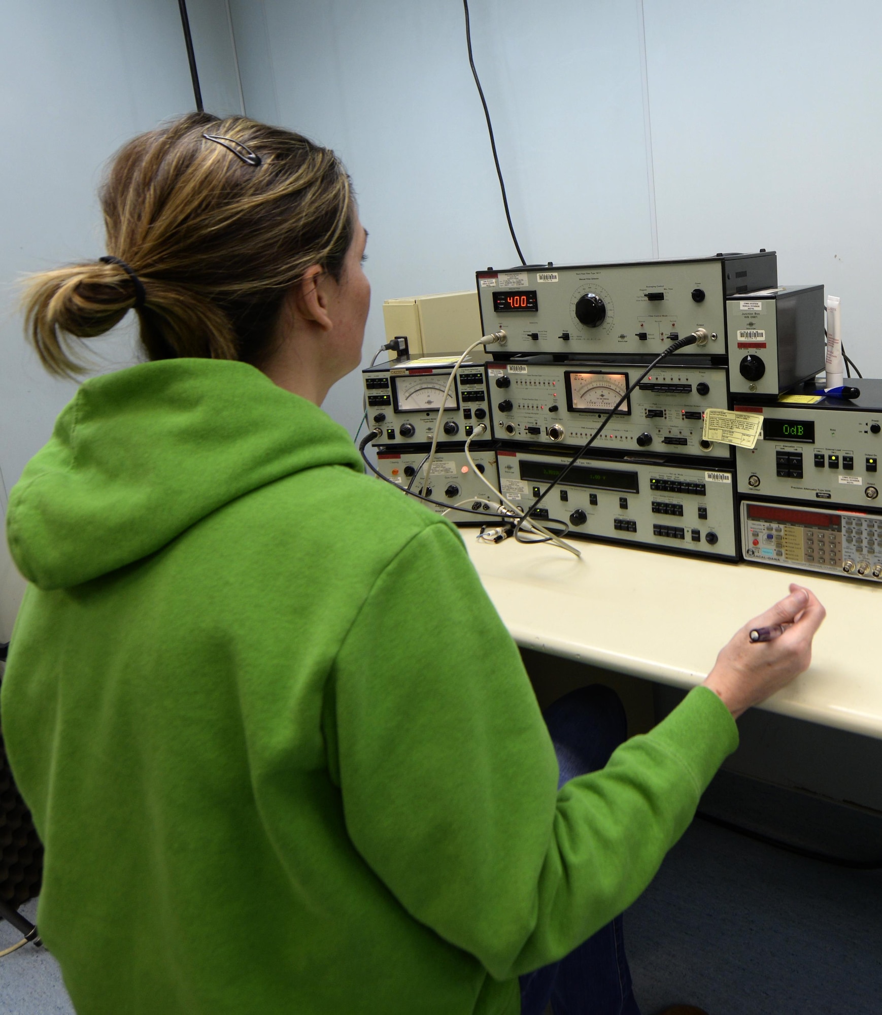 Elizabeth Maschmeyer, 3rd Maintenance Squadron Precision Measurement Equipment Laboratory calibration technician, calibrates a sound system at Joint Base Elmendorf-Richardson, Alaska, Oct. 23, 2017. Technicians from the 3rd MXS PMEL can calibrate and repair Test Measurement and Diagnostic Equipment to accuracies ranging from millionths of an inch to microvolts, depending upon the measurement area. They do so with four criteria in mind: accuracy, reliability, traceability and safety. (U.S. Air Force photo/Senior Airman Curt Beach)