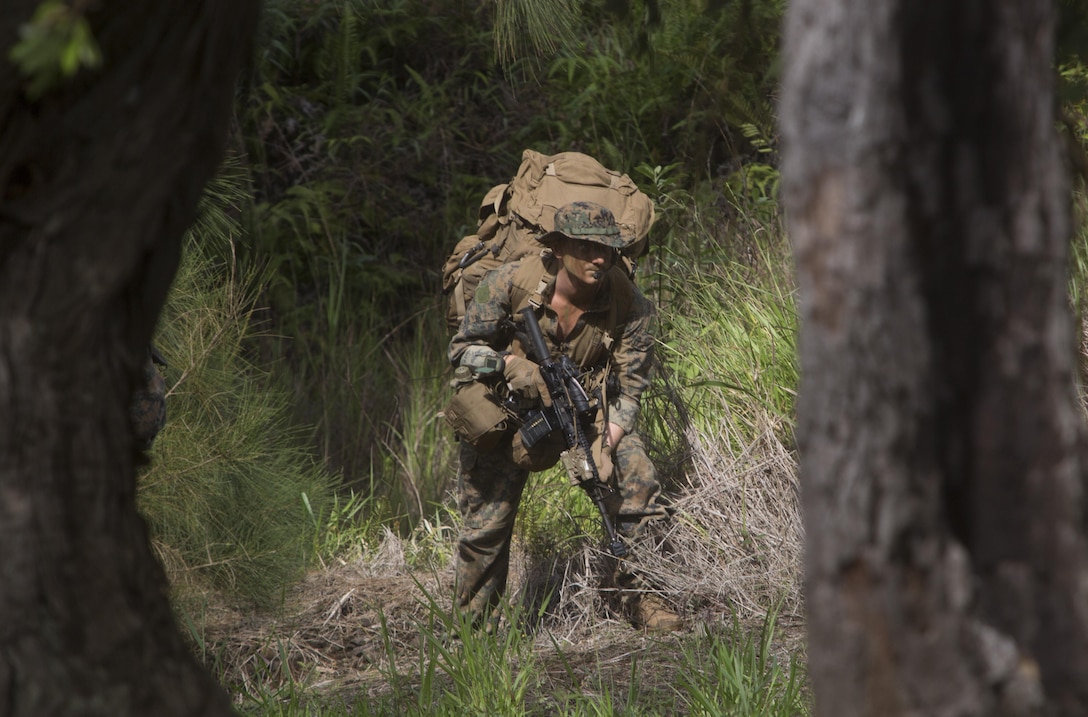 Sgt. Zachary Malik, a student of Recon Team Leaders Course (RTLC), takes part in a jungle patrol, East Range, Schofield Barracks, Oct. 18, 2017. RTLC is an 8-week advanced joint-service course that takes place in three key geographical regions of operation such as classes at Camp Pendleton, California, desert patrol operations in Yuma, Arizona, and ending with jungle and amphibious exercises across Oahu, Hawaii. (U.S. Marine Corps photo by Lance Cpl. Luke Kuennen)
