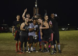 The 633rd Medical Group flag football team poses for a photo during the 2017 Intramural Flag Football Championship Game at Joint Base Langley Eustis, Va., Oct. 20, 2017.