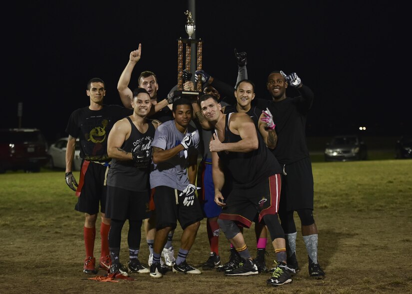 The 633rd Medical Group flag football team poses for a photo during the 2017 Intramural Flag Football Championship Game at Joint Base Langley Eustis, Va., Oct. 20, 2017.