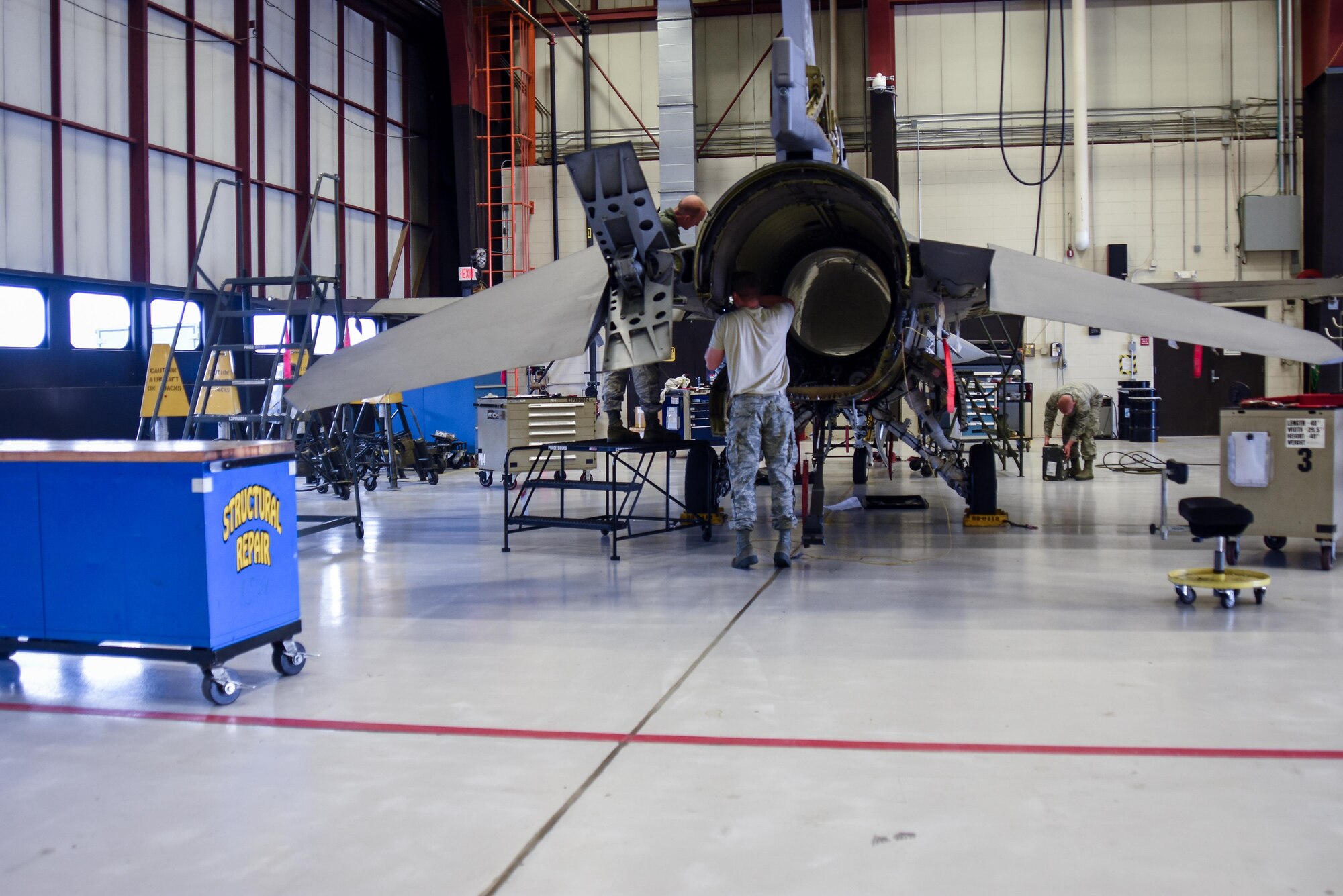 114th Aircraft Maintenance Squadron Airmen inspect a F-16 during a Phase Inspection Oct. 5, 2017, Joe Foss Field, S.D.